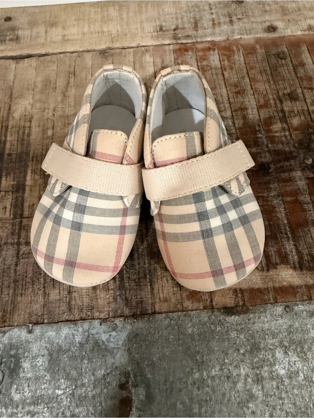 Burberry Beige Plaid Kids Slip-On Shoes with Velcro Strap